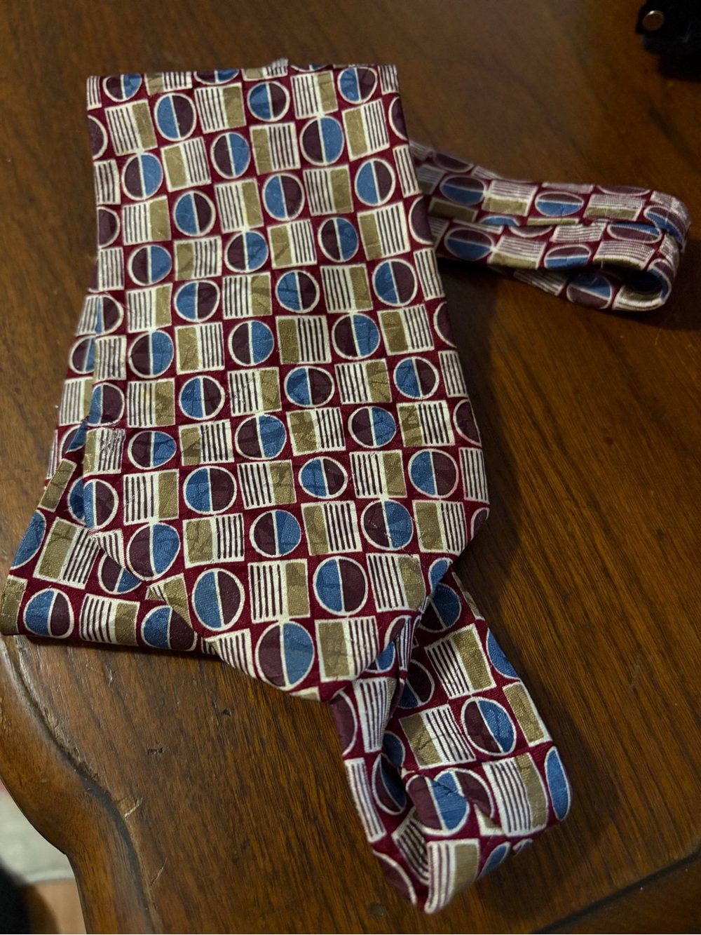 Strathmore Geometric Pattern Silk Tie in Blue and Burgundy lots of Flare